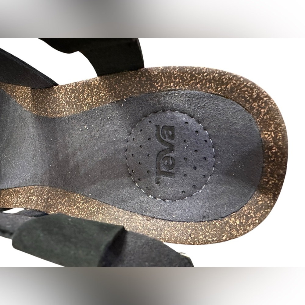 Teva Mahonia Sandals Women's 6 Black Nubuck Leather Strappy Cork Wedge Buckle - Picture 5 of 9